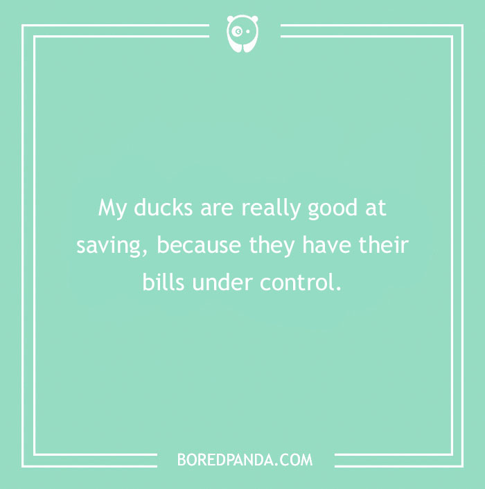 Image of a witty duck pun about ducks managing their bills on a green background.
