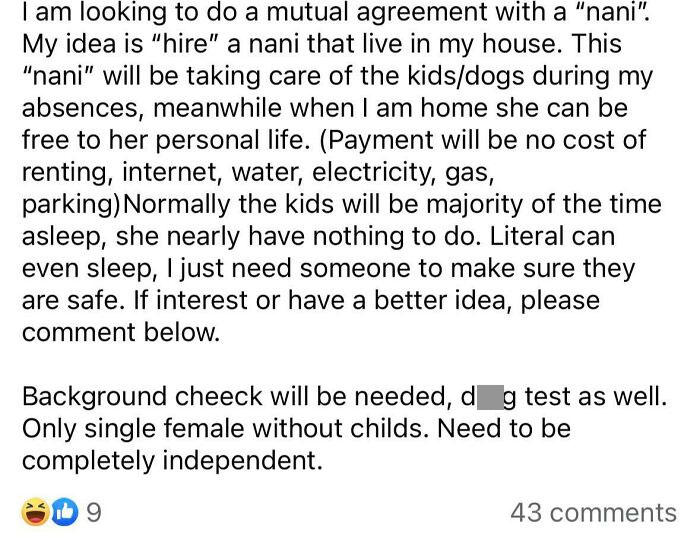Woman Claims She Wants A "Nani" But In Reality, She Just Wants A Slave To Take Care Of Her Household