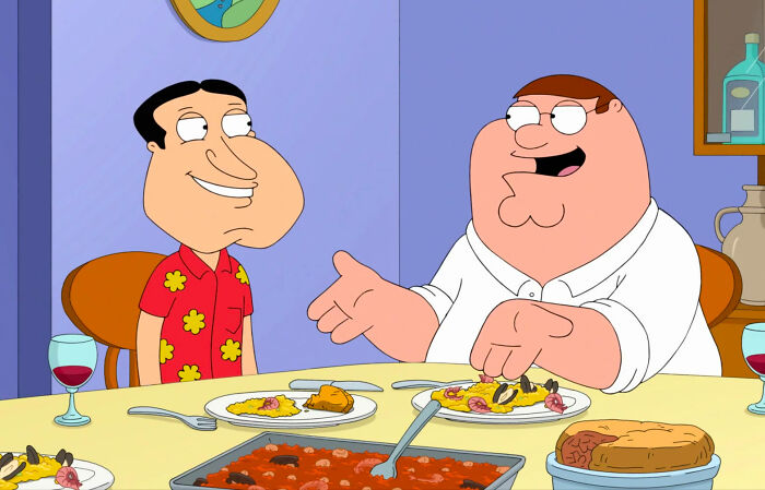 Peter and Glenn sitting at dinner table and talking from Family Guy