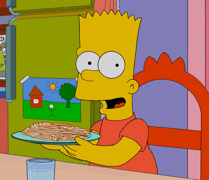 Bart holding plate of spaghetti from Simpsons