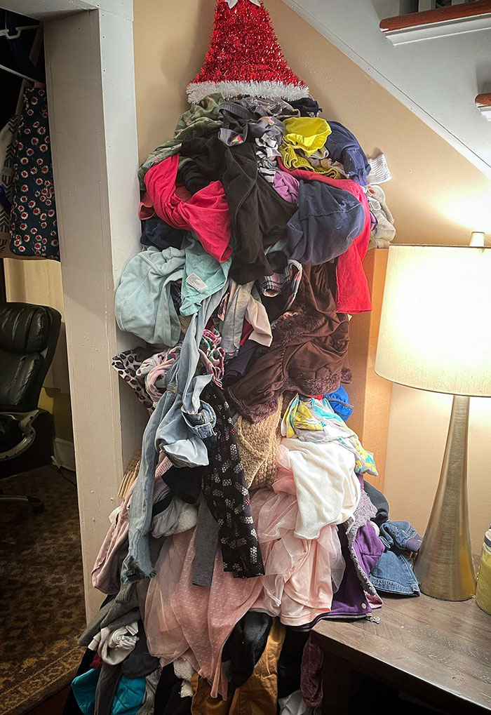 This Mom Trolled Her Family By Making A Pile Of Their Laundry Into A Christmas Tree
