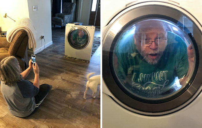 This Is What True Love Looks Like. My Mom Taking A Picture Of My Dad Acting Like He's Stuck In The Dryer