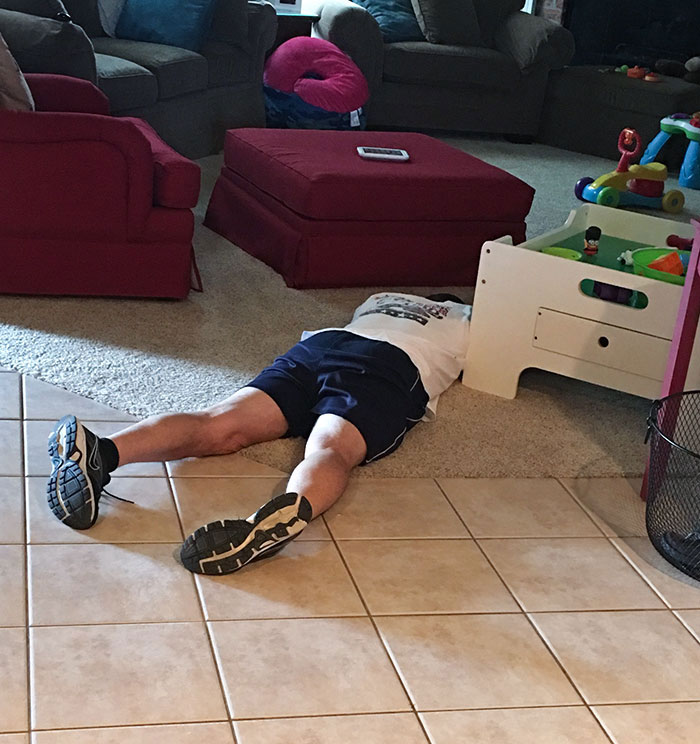 My Dad Was Gonna Go For A Run. He Laid Down To Stretch His Back, And I Found Him Asleep 30 Minutes Later