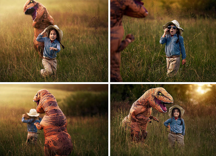 Mi hijo autista odia que le hagan fotos, así que le dejo ponerse un traje de un T-Rex para las fotos familiares