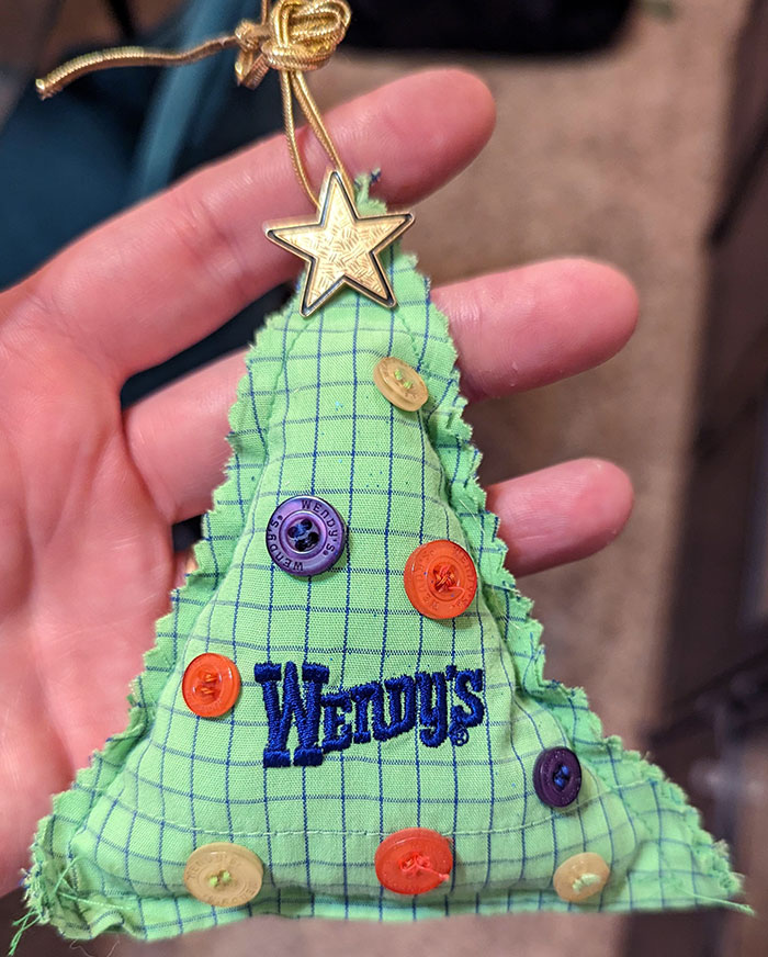 My Mom Made Me A Christmas Ornament Out Of My Wendy's Uniform From When I Worked There. When She Gave It To Me, She Was Embarrassed And Said: "I Hope You Don't Think This Is Stupid"