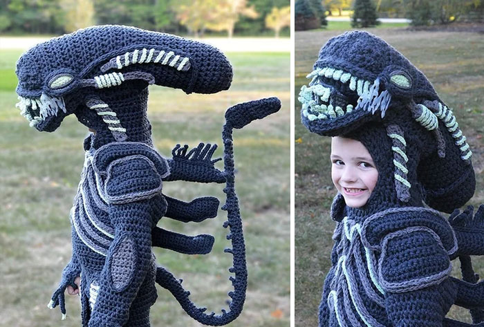 I Crochet Full Body Costumes For My Son. He Was Xenomorph This Year