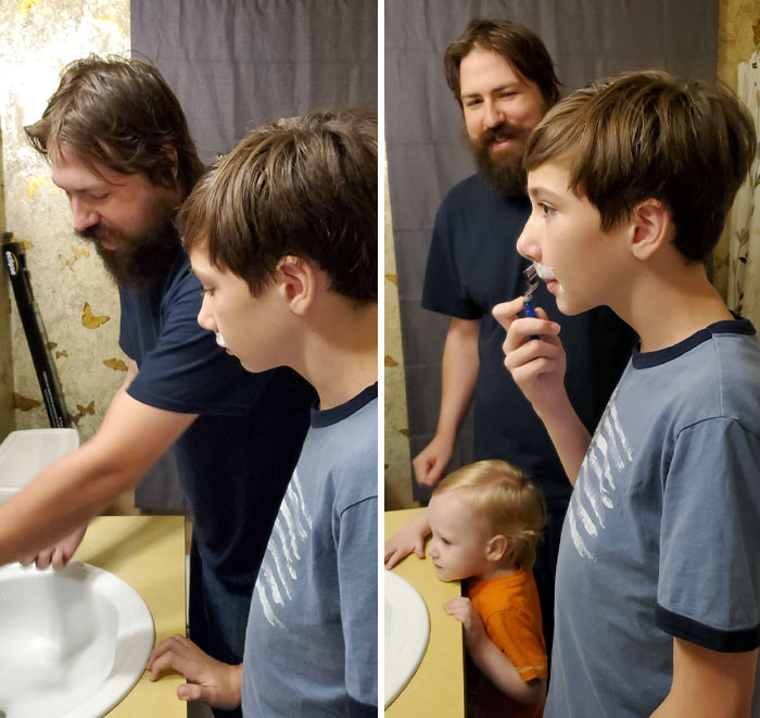 My Husband Is Teaching My Eldest Son How To Shave For The First Time. Best Stepdad Ever