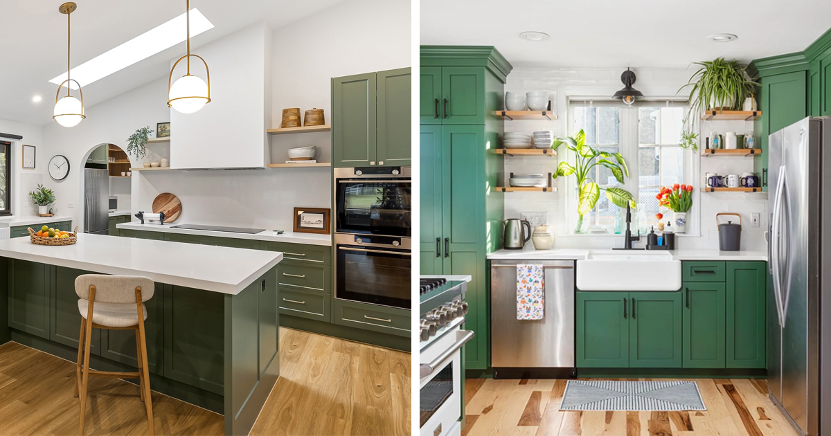 Bold, Small Kitchen with Green Cabinets and Slate Appliances