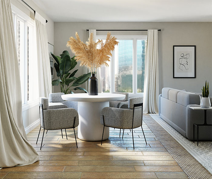 Room with white and gray sofa chairs near white table and white window curtain