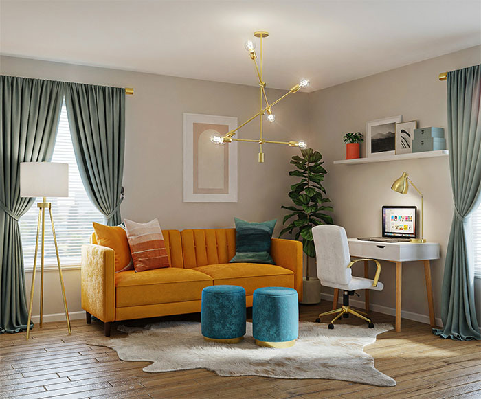 Room with brown sofa, white table with lamps Room with brown sofa, white table with lamps