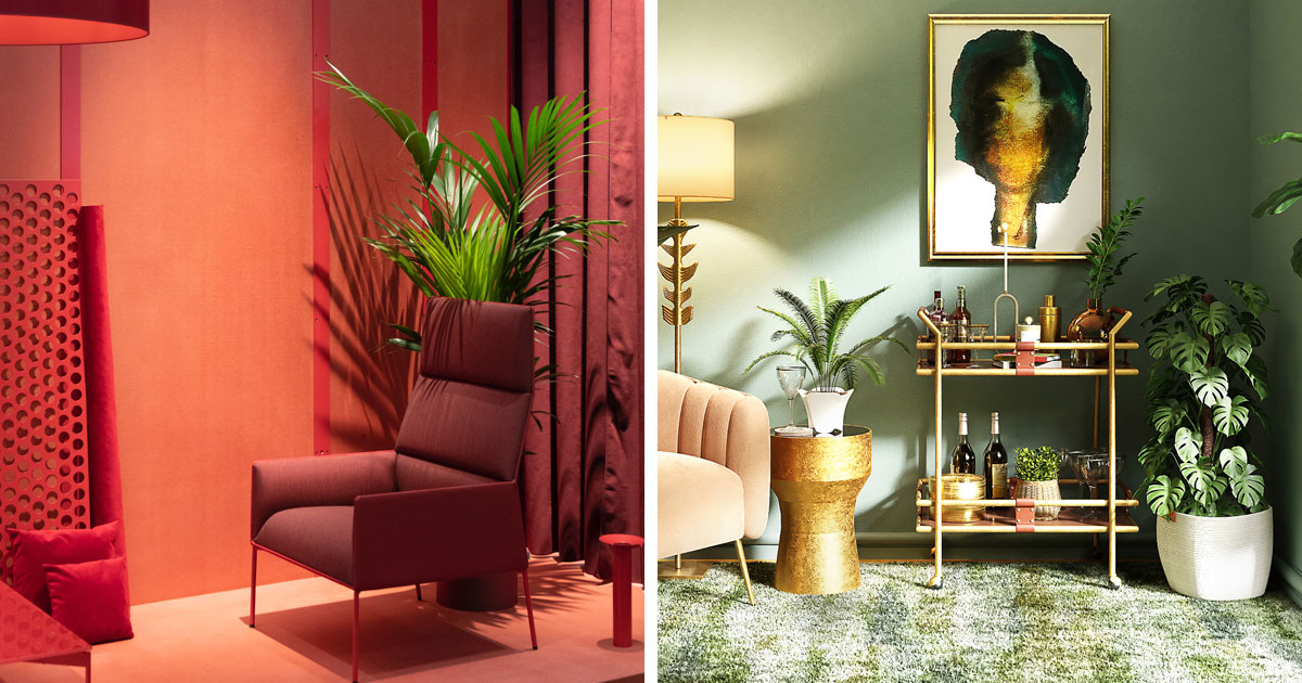 Images of a red room with a red chair and a green room with furniture