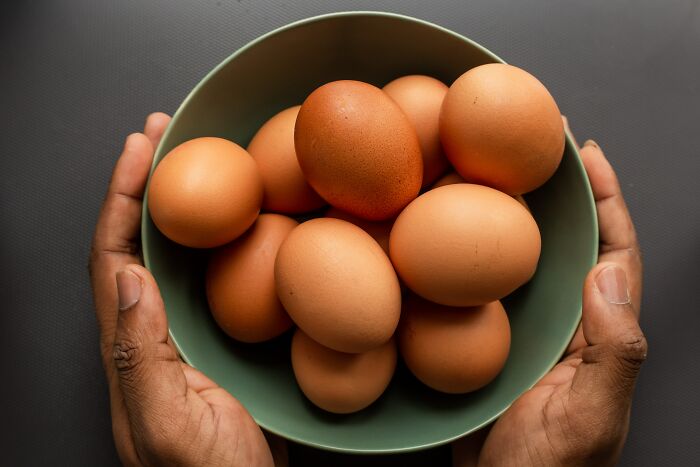 Person holding bowl with brown eggs