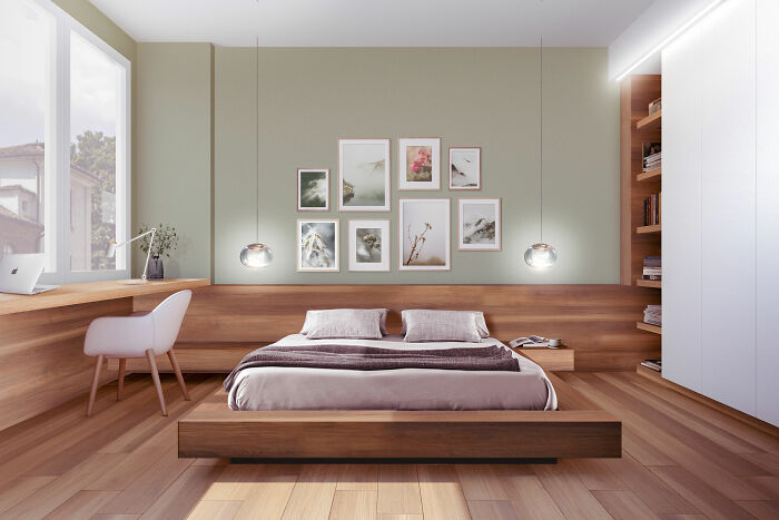 Green room with brown decor and bed