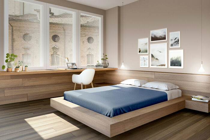 Brown room with brown decor and blue bed