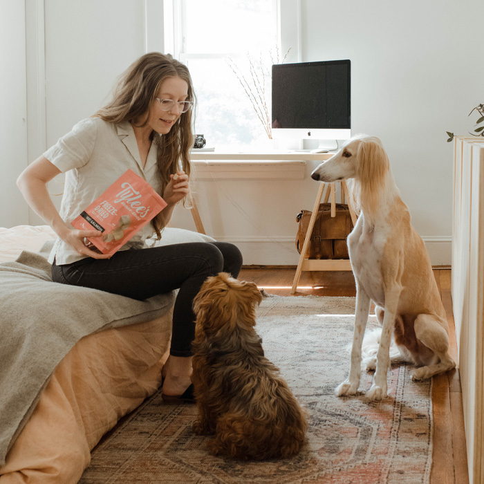 Woman giving a treat to her dogs Woman giving a treat to her dogs