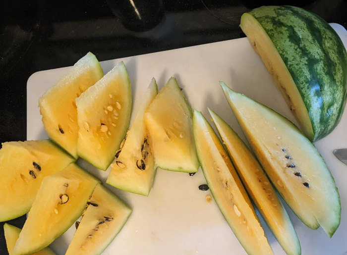 Cut in half yellow watermelon inside 