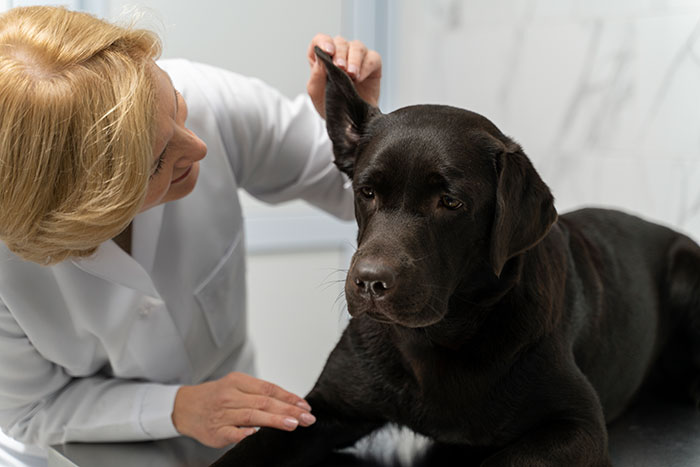 Veterinarian checking dog's ear.
