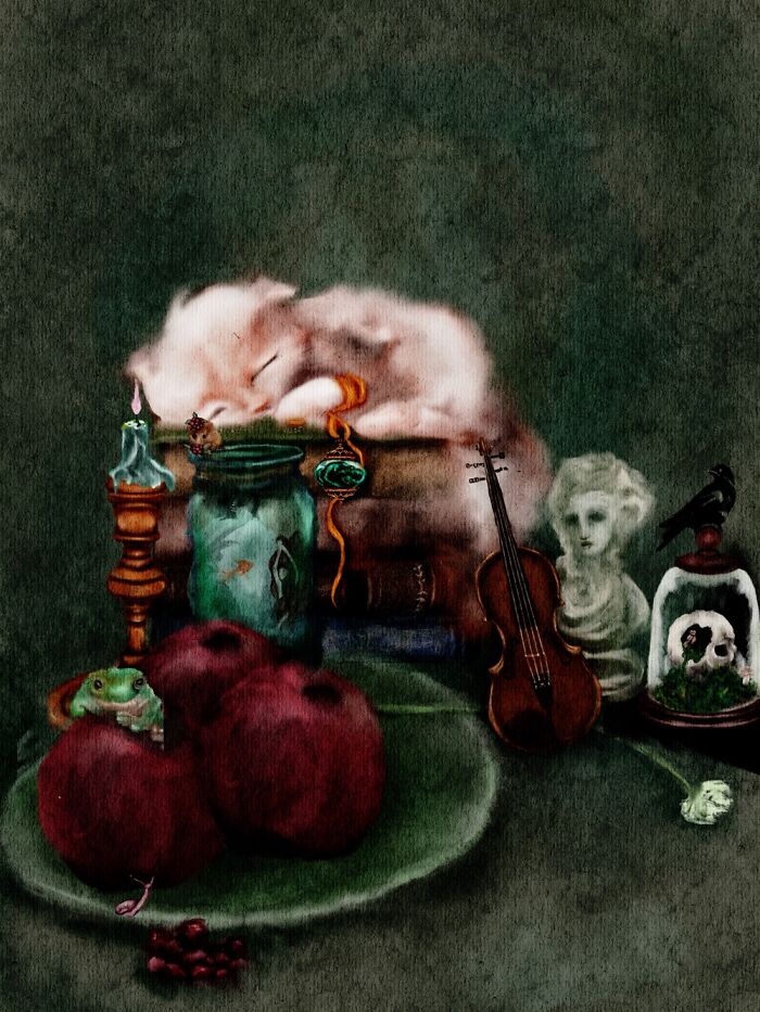 Cute Sleeping Kitten In Dark Academia Watercolor