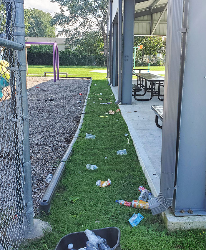 I Work At A Non-Profit Child Care Facility. We Like To Leave Our Pavilion Open To The Public After Our Children Leaves. There's A Garbage Can In Each Corner Of The Pavilion Yet People Still Do This