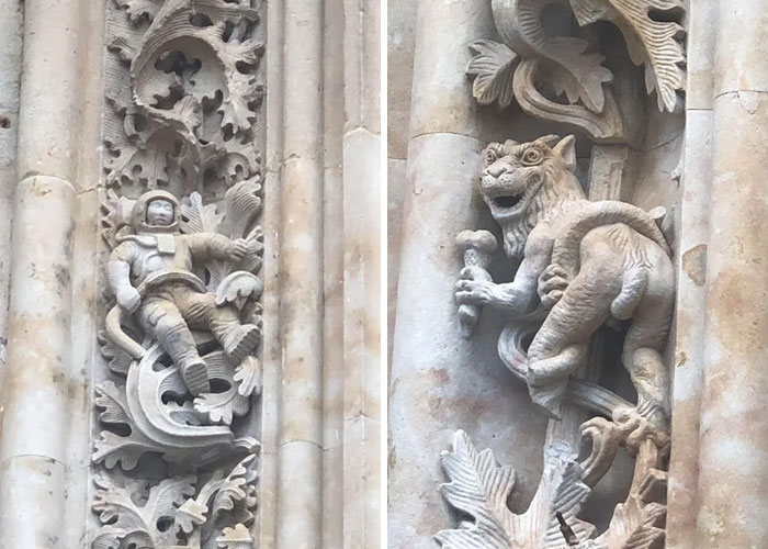 Astronauta y demonio con un cucurucho de helado en la aparentemente antigua pared de la Universidad de Salamanca