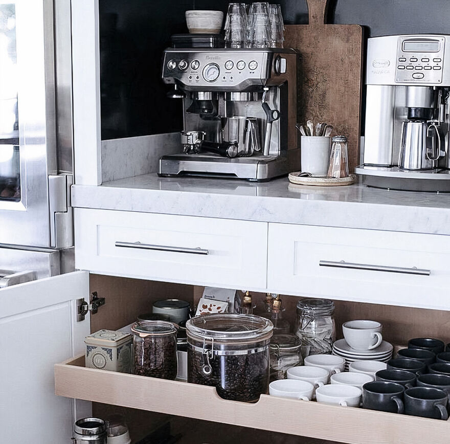 Metal coffee machine and cabinet with appliances for coffee
