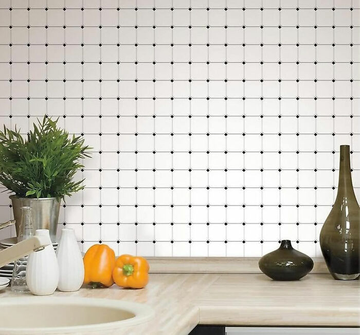 Kitchen with white minimalist square pattern wallpaper