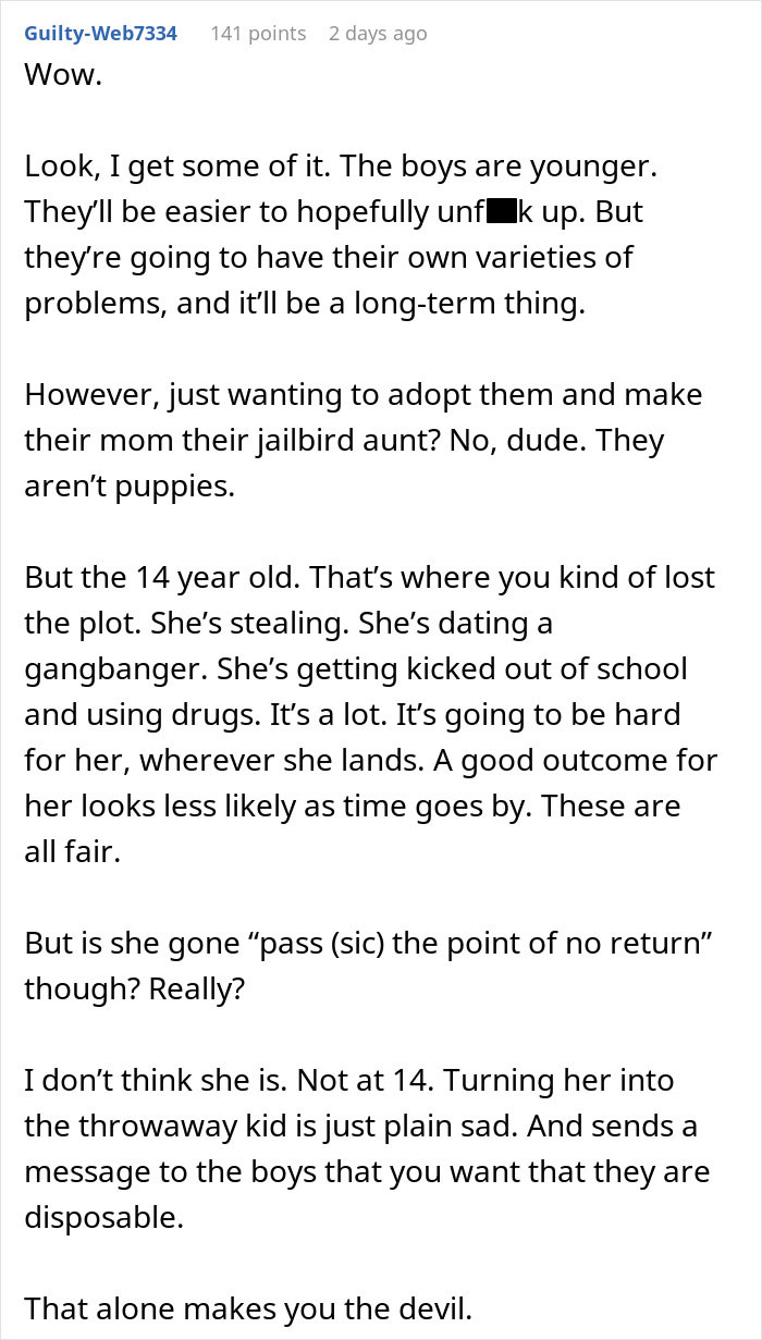 “AITA For Telling My Wife We Can Adopt Her Nephews But Not Her Niece?” “AITA For Telling My Wife We Can Adopt Her Nephews But Not Her Niece?”