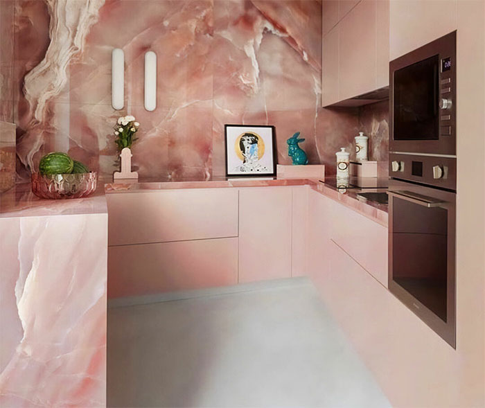 Pink kitchen with pink marble countertops