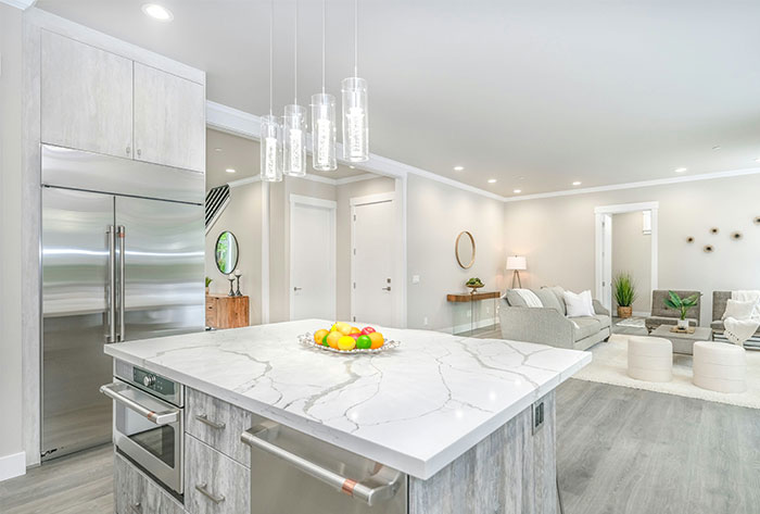 Kitchen with white marble countertop