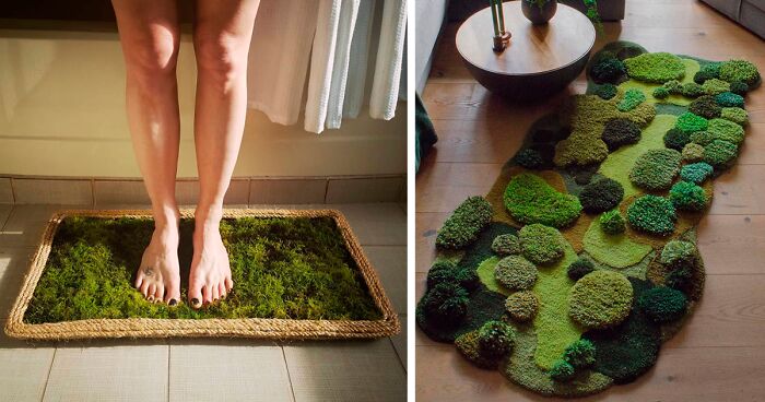 Feet standing on a DIY moss bath mat next to a decorative green moss rug with varied textures on wooden floor
