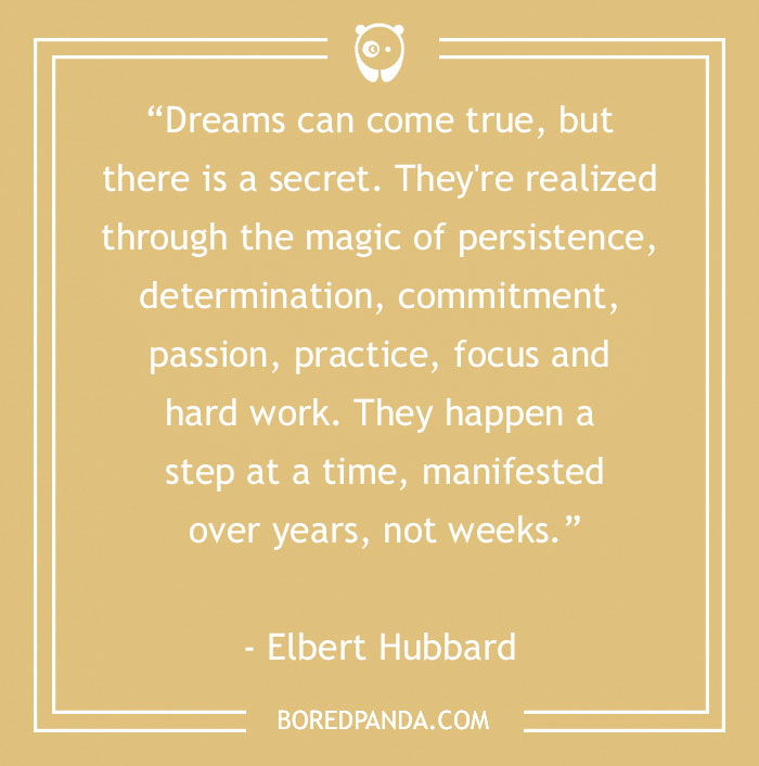 Motivational quote about persistence and hard work by Elbert Hubbard on a beige background.