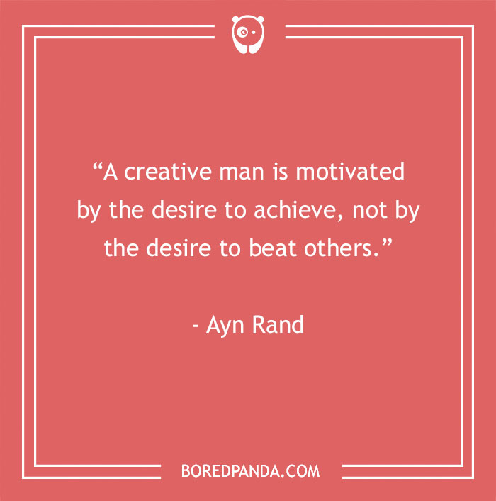 Ayn Rand quote on motivation and achievement in a red background with BoredPanda.com branding.