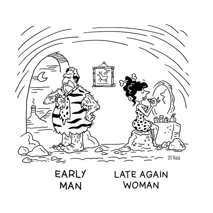 A Single-Panel Comic About Early Man And Late Again Woman