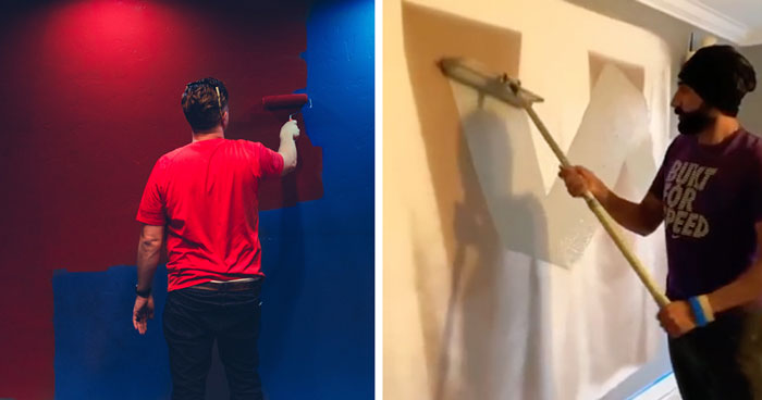 Images with man painting the wall with roller