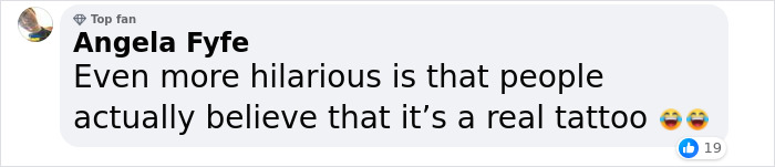 Angela Fyfe comments on fake tattoo prank, expressing disbelief. Angela Fyfe comments on fake tattoo prank, expressing disbelief.