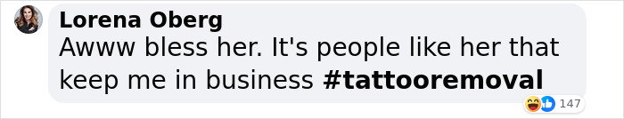 Comment mentioning tattoo removal after influencer fakes tattoo. Comment mentioning tattoo removal after influencer fakes tattoo.
