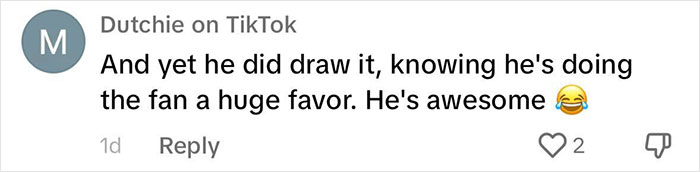 TikTok comment about Daniel Radcliffe's Deathly Hallows drawing with positive emojis and two likes. TikTok comment about Daniel Radcliffe's Deathly Hallows drawing with positive emojis and two likes.