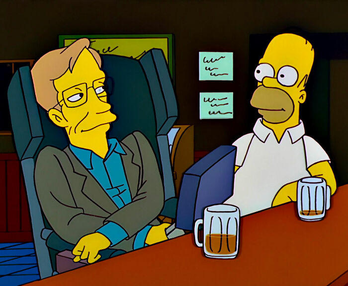 Stephen Hawking and Homer drinking beer