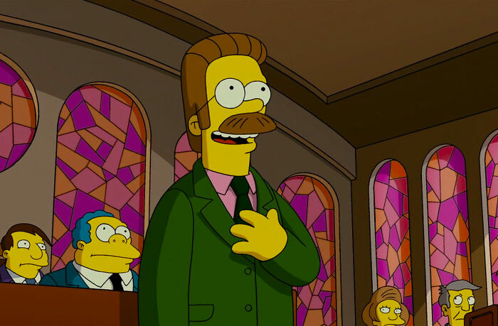 Ned Flanders standing and talking in the church