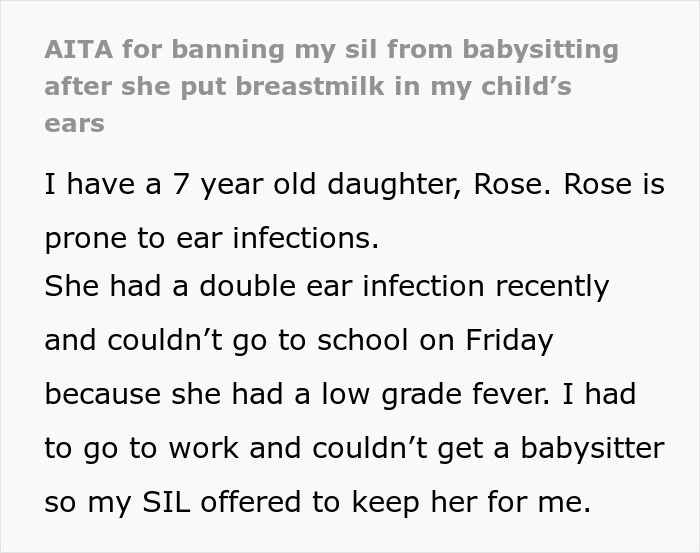 “AITA For Banning My SIL From Babysitting After She Put Breastmilk In My Child’s Ears”
