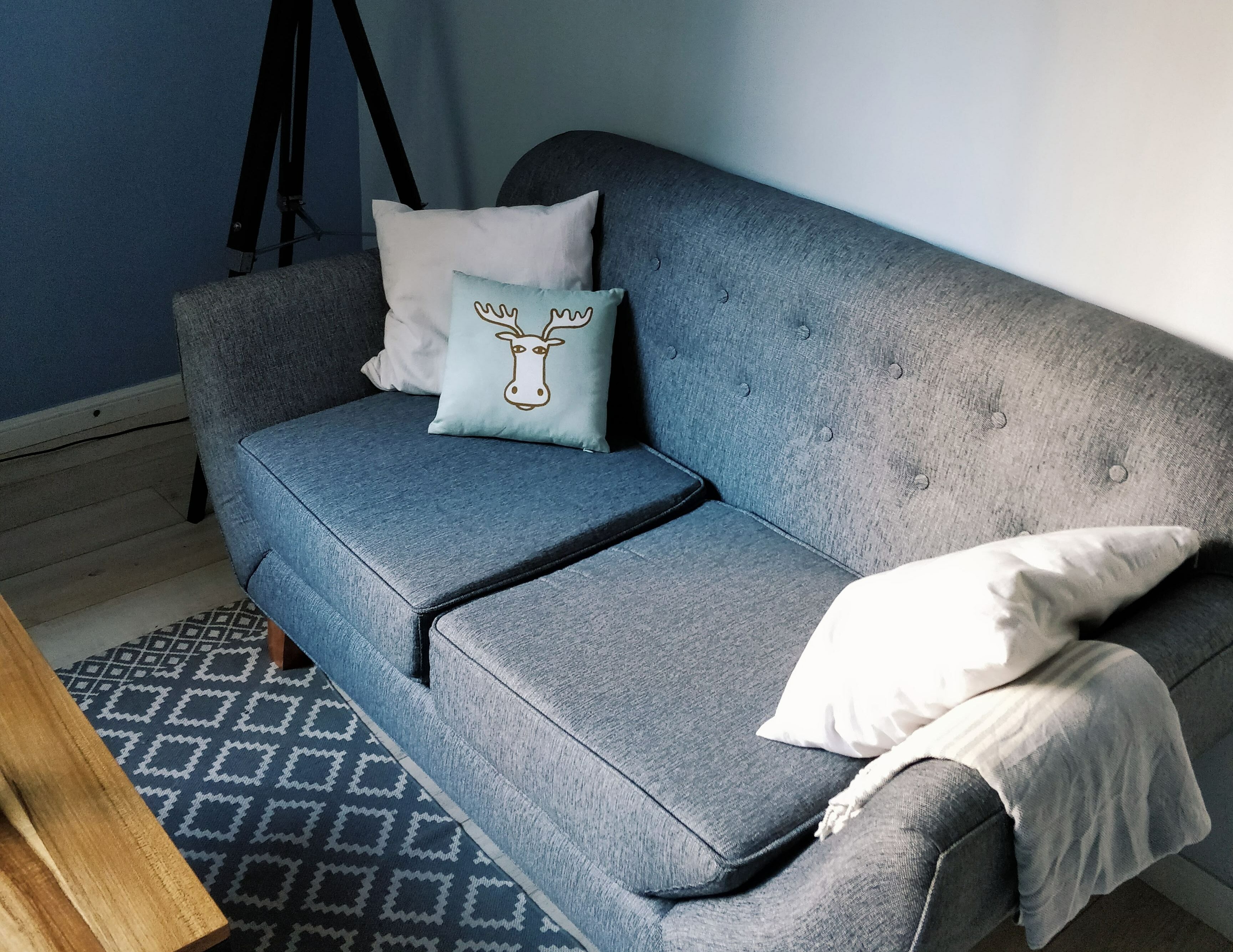 small gray couch with pillows in the room