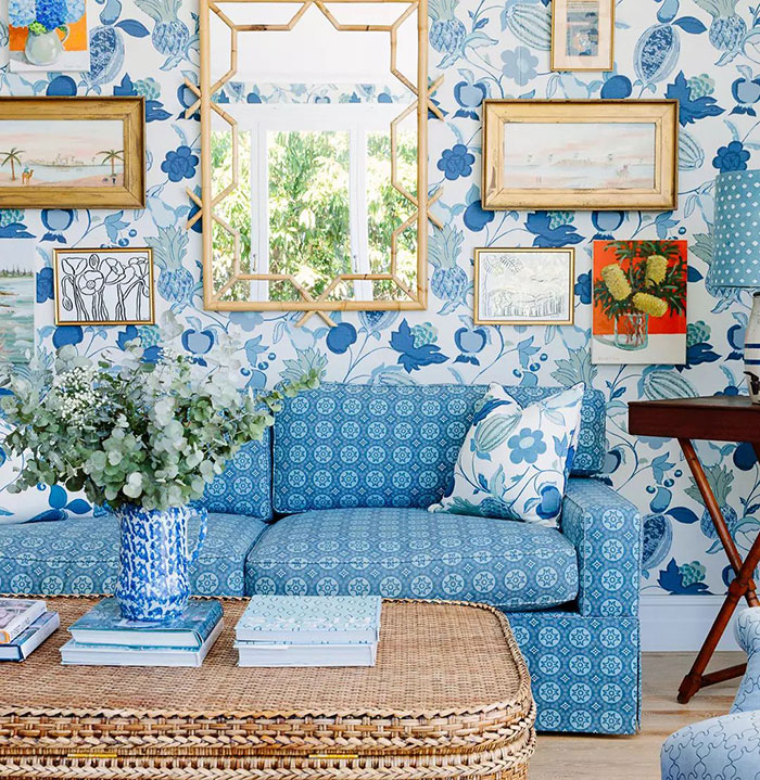 Blue colored patterned living room 