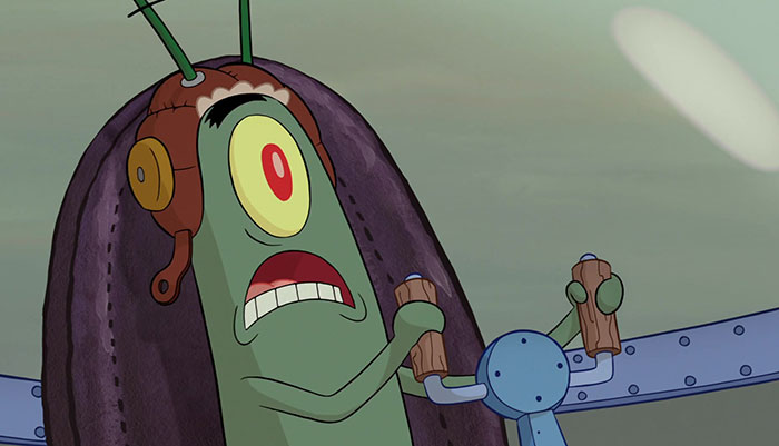 Plankton scared while flying a plane 