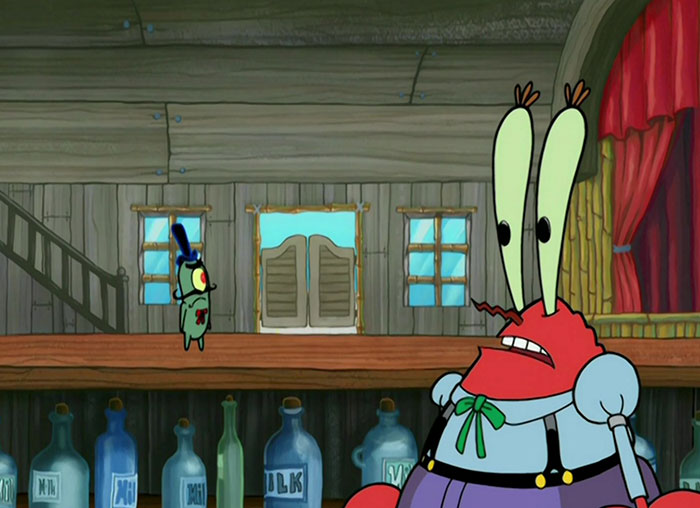 Plankton looking at Mr. Krabs