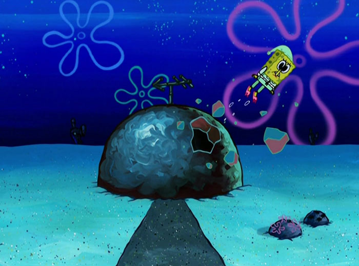 SpongeBob flying from Patrick's rock 