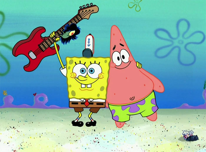 SpongeBob, Patrick and Plankton holding a guitar 
