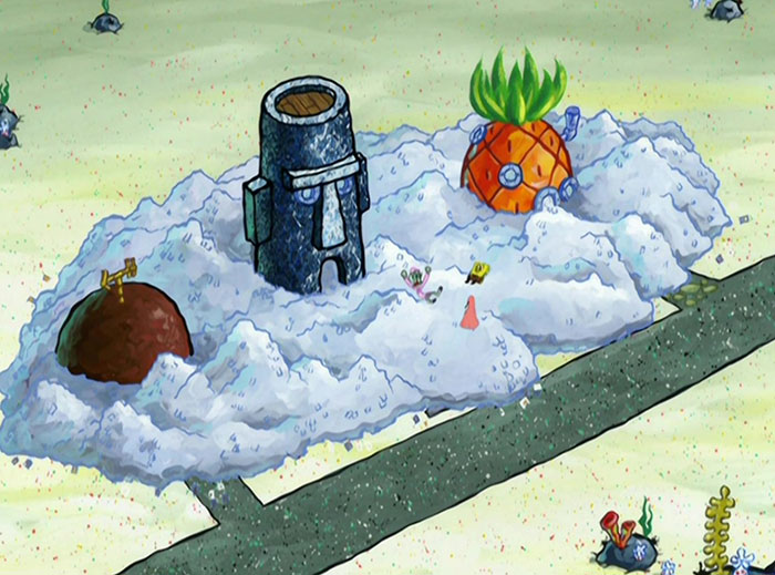 SpongeBob's, Patrick's and Squidward's houses full of snow 