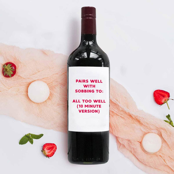"Pairs Well With Sobbing To All Too Well" Wine Label: The perfect accompaniment for emotional Taylor Swift music sessions!
