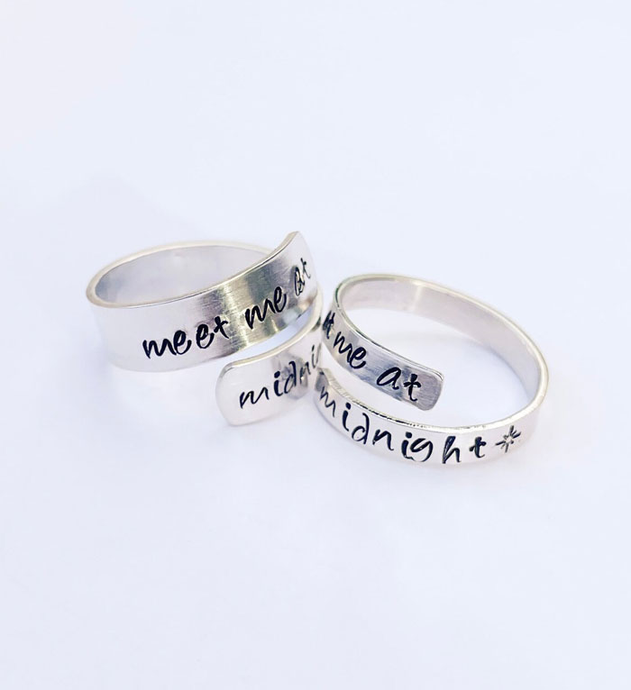 Midnight's Inspired Hand Stamped Ring: Hypoallergenic and adjustable statement piece that will remind them of Taylor's timeless lyrics every time they wear it.