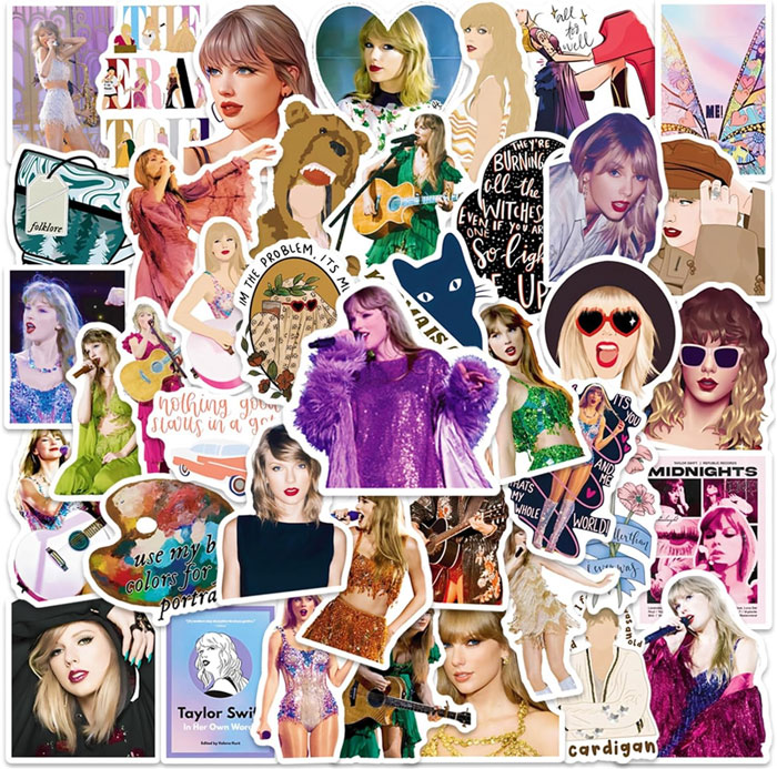 50pcs Singer Taylor Stickers: A waterproof, sun-protected collection boasting 50 stellar designs, perfect to jazz up any surface from laptops to luggage and an awesome surprise gift for any Taylor Swift fan.